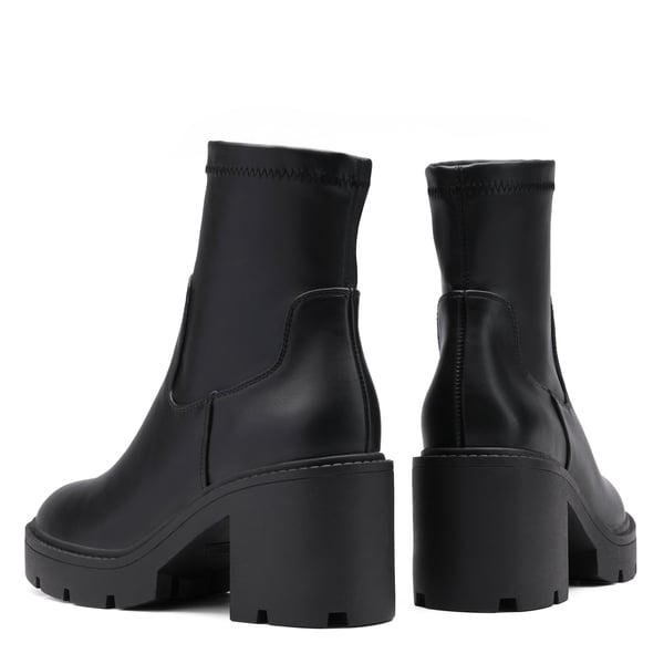 Elastic Chunky Heel Lug Sole Booties - BLACK PU - 3